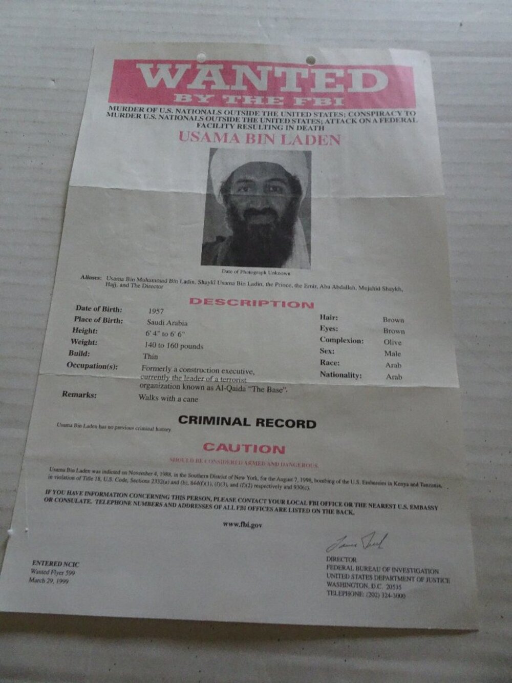 Usama Bin Laden - Official FBI Wanted Poster - March 29, 1999 - No. 599